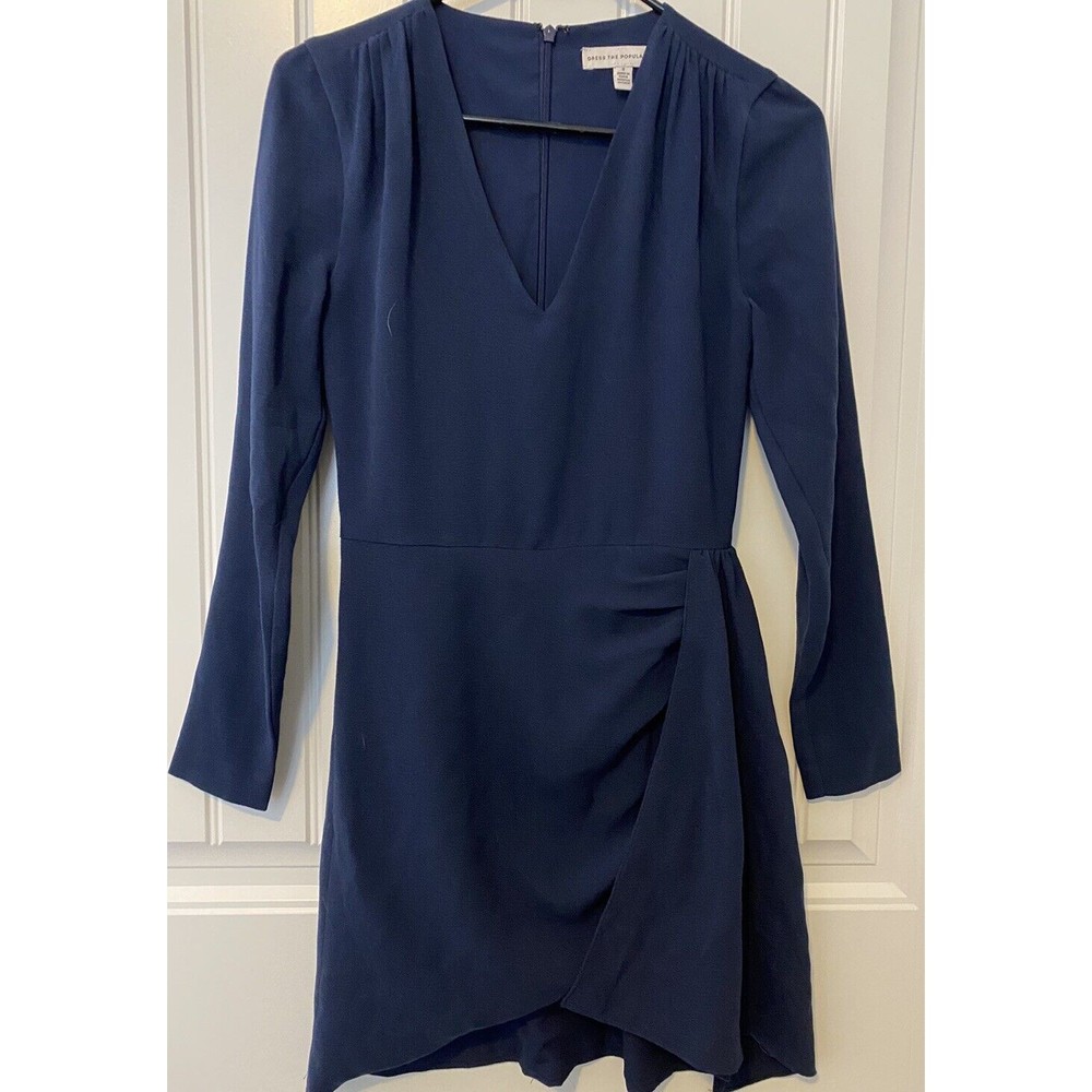 Dress The Population Dress Womens Small Blue Midi Faux Wrap Long Sleeve Lined